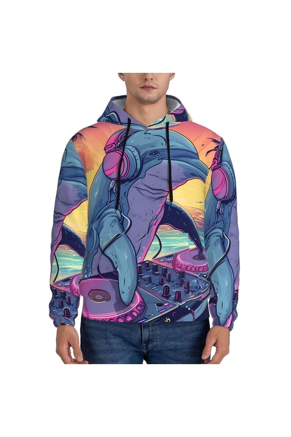 Hip-Hop DJ Dolphin Pattern Casual Men's Hoodie - Lightweight Hooded Sweatshirt with Kangaroo Pocket, Comfortable Pullover for Everyday, Travel-XX-Large