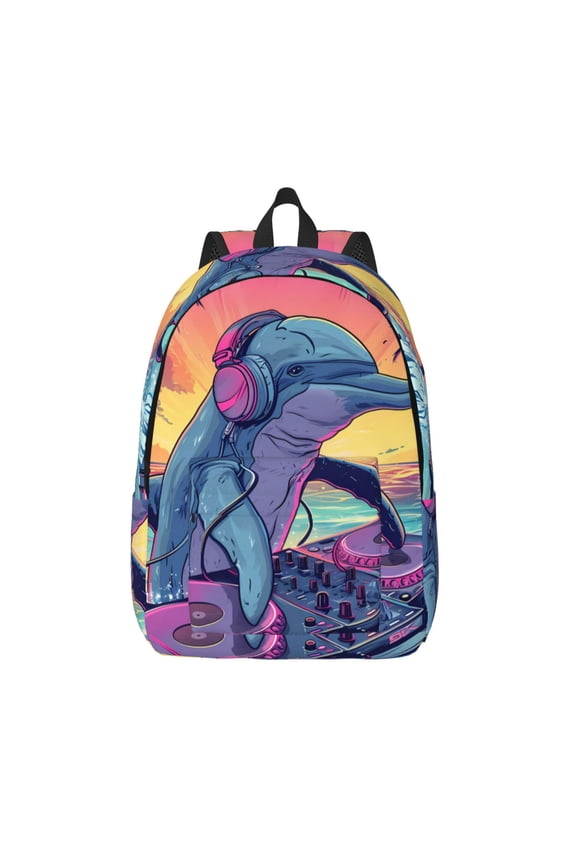 Hip-Hop DJ Dolphin Printed Canvas Daypack - Stylish and Durable Vintage Compact Backpack - Class, Work, Travel, or Laptop Bookbag,Organized Compartments-Small