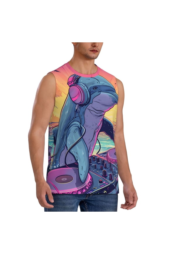 Hip-Hop DJ Dolphin mens Cotton Tank Undershirts , Moisture-wicking Ribbed Tanks, Lightweight Cotton Tank Undershirts-3X-Large