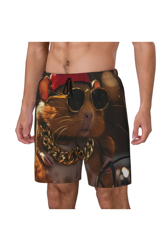 Hip-Hop Guinea Pig. pattern Mens Swim Trunks with Compression Liner Stretch Beach Shorts Quick Dry with Zipper Pockets No-Chafing Board Shorts-Small