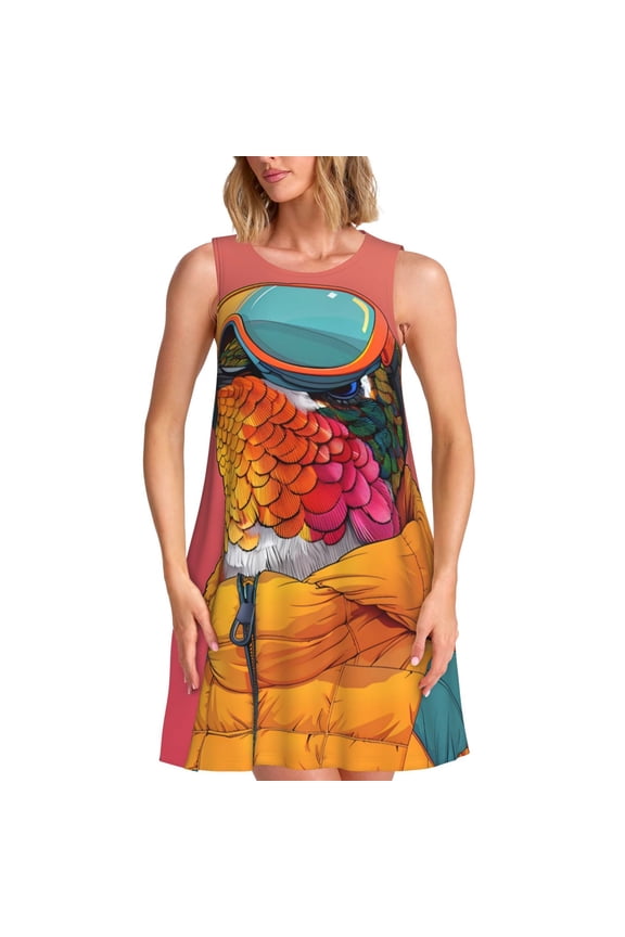 Hip Hummingbird In Jacket Print Women’s Sleeveless Midi Swing Dress – A-Line Pleated Tank Sundress, Comfortable and Flowy T-Shirt Dress