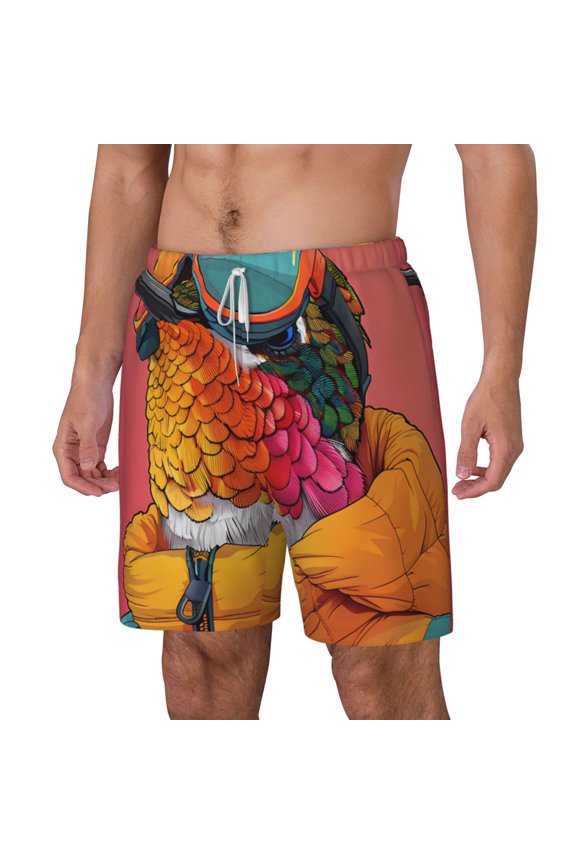 Hip Hummingbird In Jacket pattern Mens Swim Trunks with Compression Liner Stretch Beach Shorts Quick Dry with Zipper Pockets No-Chafing Board Shorts-3X-Large