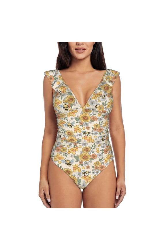 Hippie Bee Honeycomb Blooming Jelly Womens Tummy Control Bathing Suits Slimming Ruffle Swimsuit One Piece Lace Swimwear-