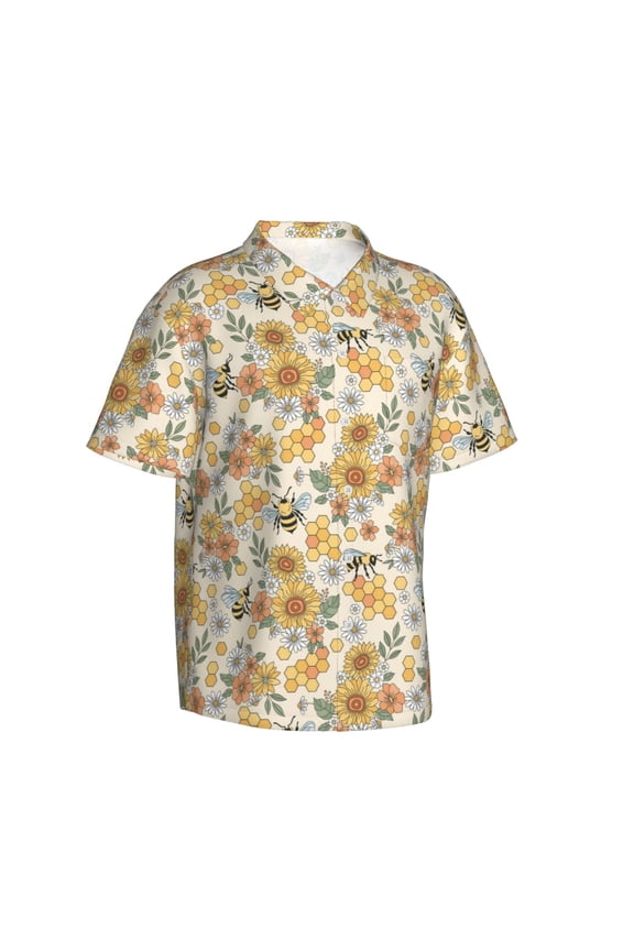 Hippie Bee Honeycomb Gentle Cotton Regular Fit Short Sleeve Casual Hawaiian Shirt for Men-Small