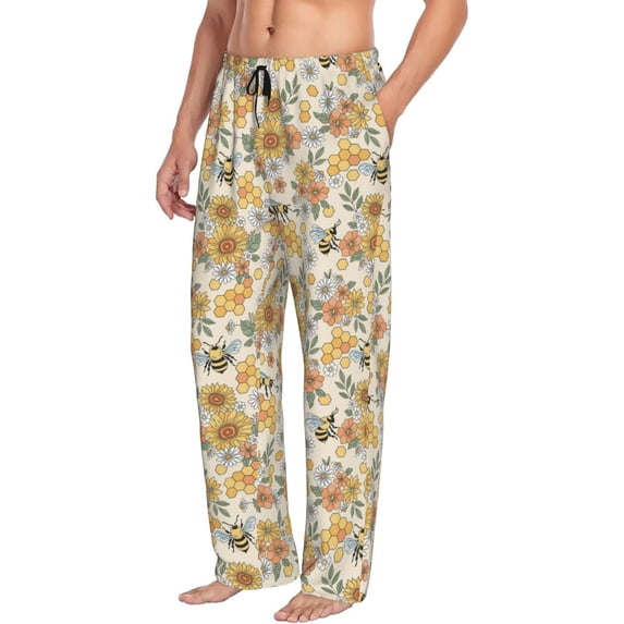 Picia Hippie Bee Honeycomb Mens Soft Woven Cotton Elastic Waistband Sleep Pajama Pant Lounge Sleep Pant With Pockets And Drawstring-