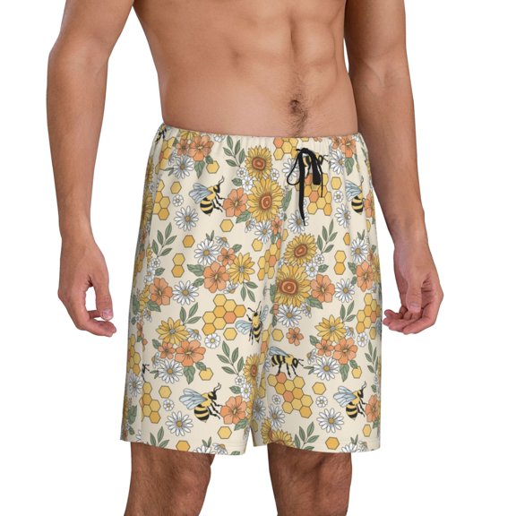 Picia Hippie Bee Honeycomb Pajama Shorts for Men, Men's Pajama Bottoms, Sleepwear,Short Pajama Pants-