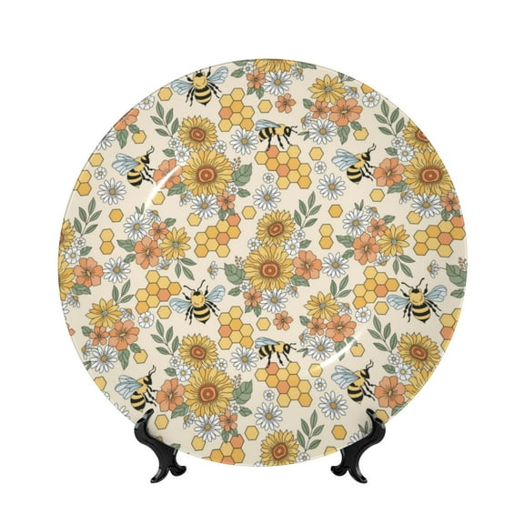 Picia Hippie Bee Honeycomb Pattern Bone China Decorative Plate – Wall Decor with Stand and Adhesive, Elegant Ornament for Living Room, Office, or Entryway-6in
