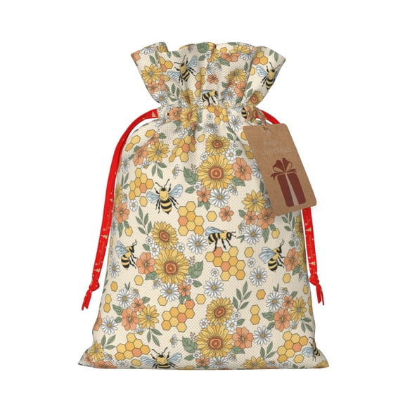 Picia Hippie Bee Honeycomb Pattern Christmas Gift Bags, Xmas Gift Bags, Suitable for Holiday Kraft Paper Gift Bags, Reusable Christmas Gift Bags,Festive Gift Packaging Bag-Small