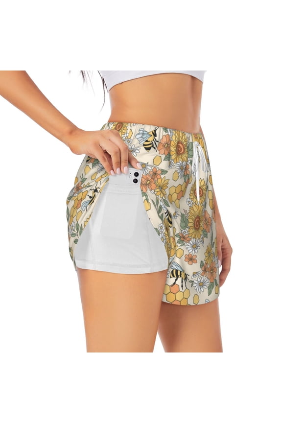 Hippie Bee Honeycomb Pattern Women's 2 in 1 Athletic Running Shorts High Waisted Workout Casual Gym Sweat Shorts with Comfy Liner Zipper Pockets-Medium