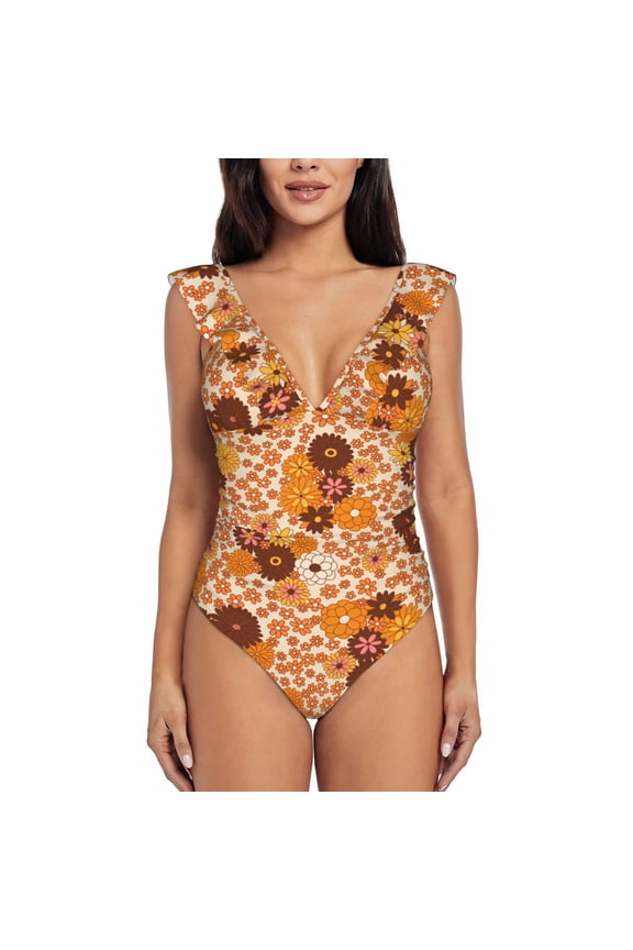 Hippie Ditsy Floral Blooming Jelly Womens Tummy Control Bathing Suits Slimming Ruffle Swimsuit One Piece Lace Swimwear-