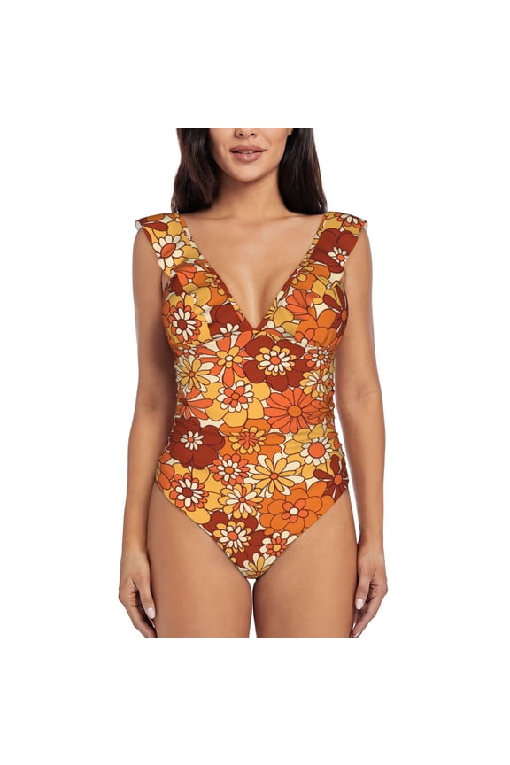 Hippie Flower Blooming Jelly Womens Tummy Control Bathing Suits Slimming Ruffle Swimsuit One Piece Lace Swimwear-