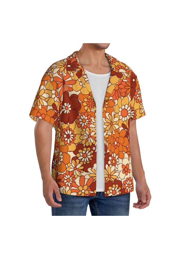 Hippie Flower Men's Linen Shirts Short Sleeve Cuban Beach Shirts Casual Shirts Button Down Shirt for Men Beach Summer Wedding Shirt-X-Large