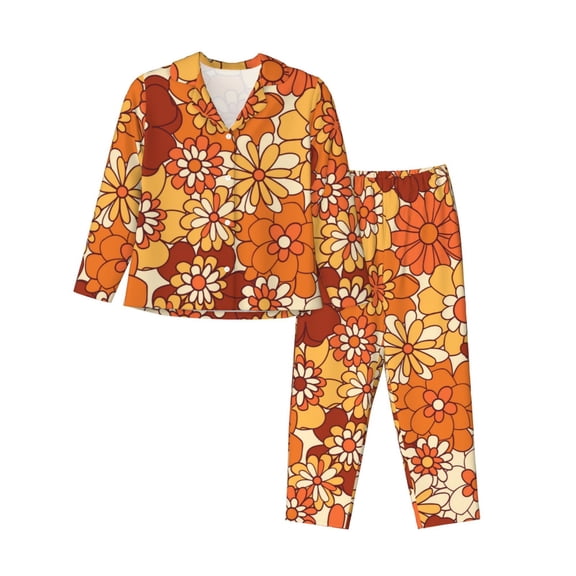 Picia Hippie Flower Pattern Women’s Long-Sleeve Sleepwear Set - Soft 2-Piece Loungewear with Pockets, Comfy PJs for Relaxing Nights-X-Large