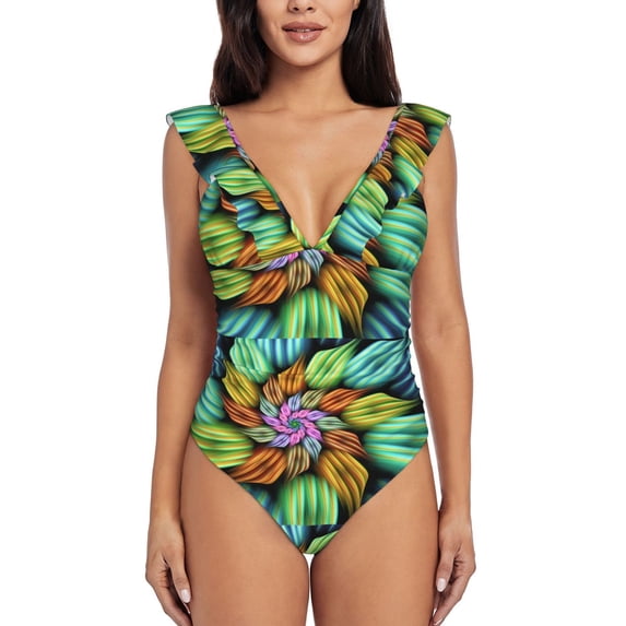 Picia Hippie Style Blooming Jelly Womens Tummy Control Bathing Suits Slimming Ruffle Swimsuit One Piece Lace Swimwear-