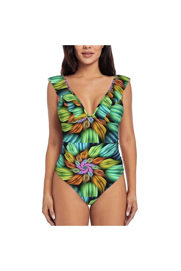 Hippie Style Blooming Jelly Womens Tummy Control Bathing Suits Slimming Ruffle Swimsuit One Piece Lace Swimwear-