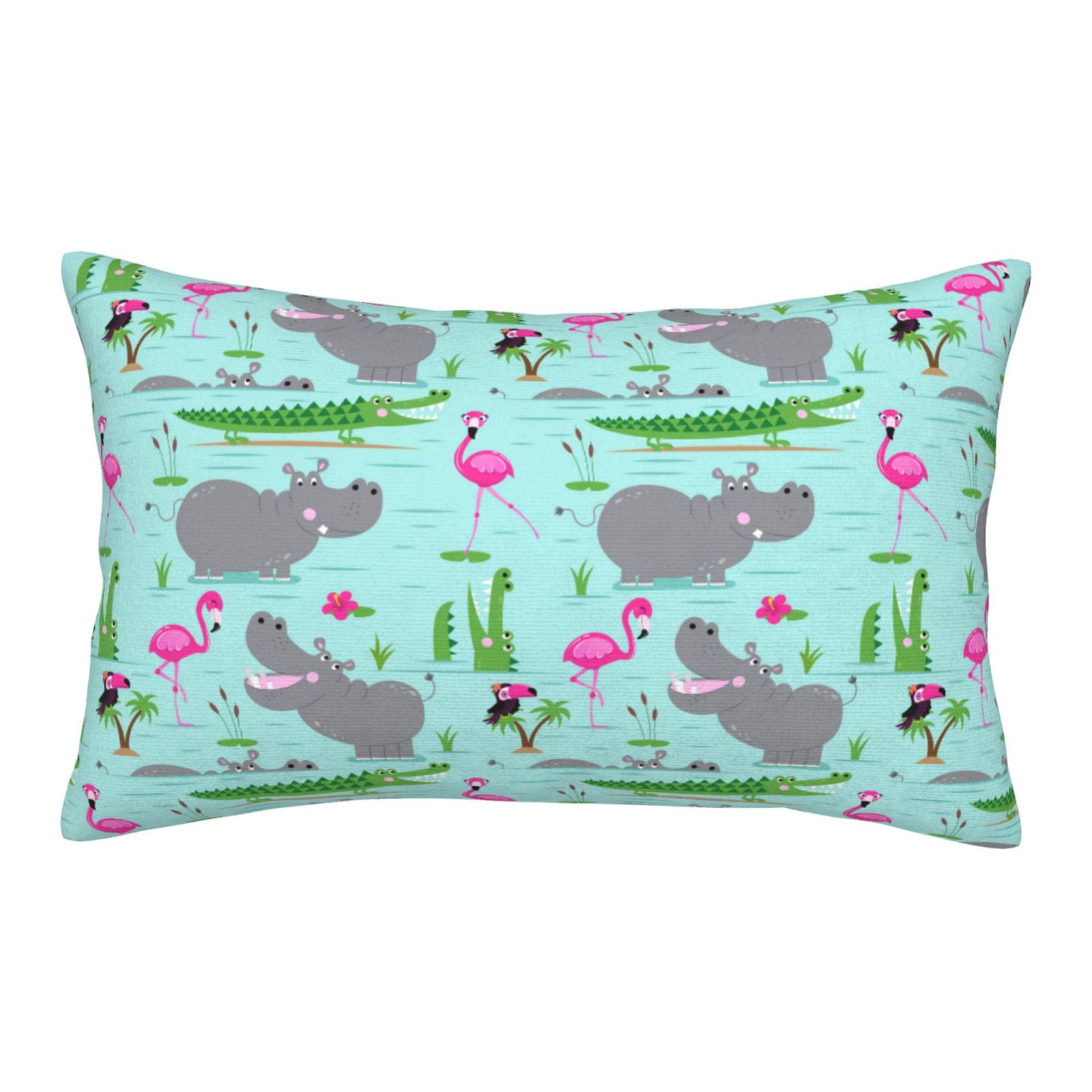 Visual Reference: Picia Hippo With Flamingos And Crocodiles Pattern Plush Pillow Case