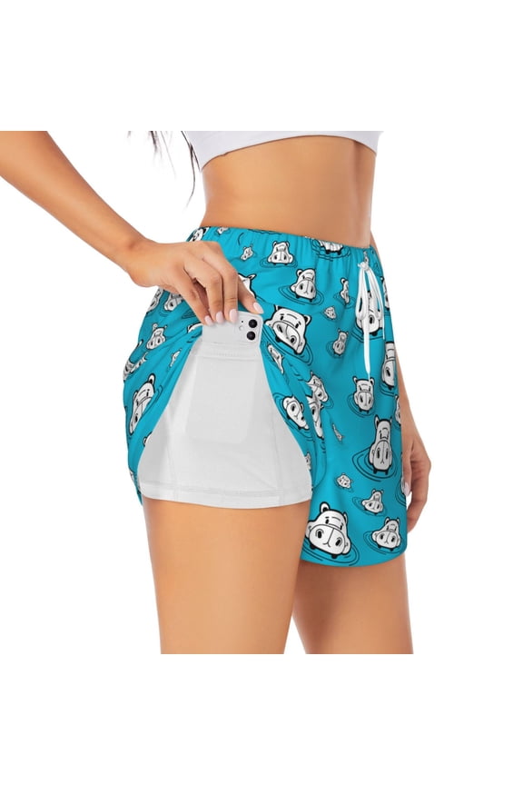Hippo In Water Head Pattern Women's 2 in 1 Athletic Running Shorts High Waisted Workout Casual Gym Sweat Shorts with Comfy Liner Zipper Pockets-XX-Large