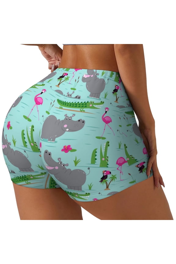 Hippo With Flamingos And Crocodiles Printed Workout Shorts for Women Seamless Scrunch Butt Lifting High Waisted Yoga Gym Booty Running Moisture-wicking Short Pants-X-Large