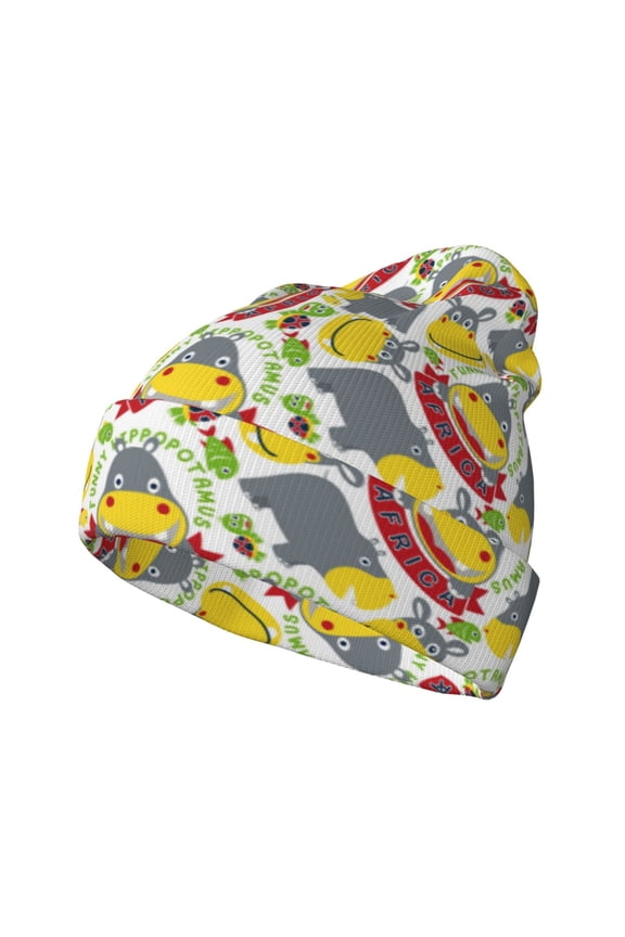 Hippopotamus Pattern Knitted Beanie Hat for Men and Women , Unisex Winter Warm Stretchy Knit Cap Thick Fisherman Beanies Cuffed Plain Skull Caps