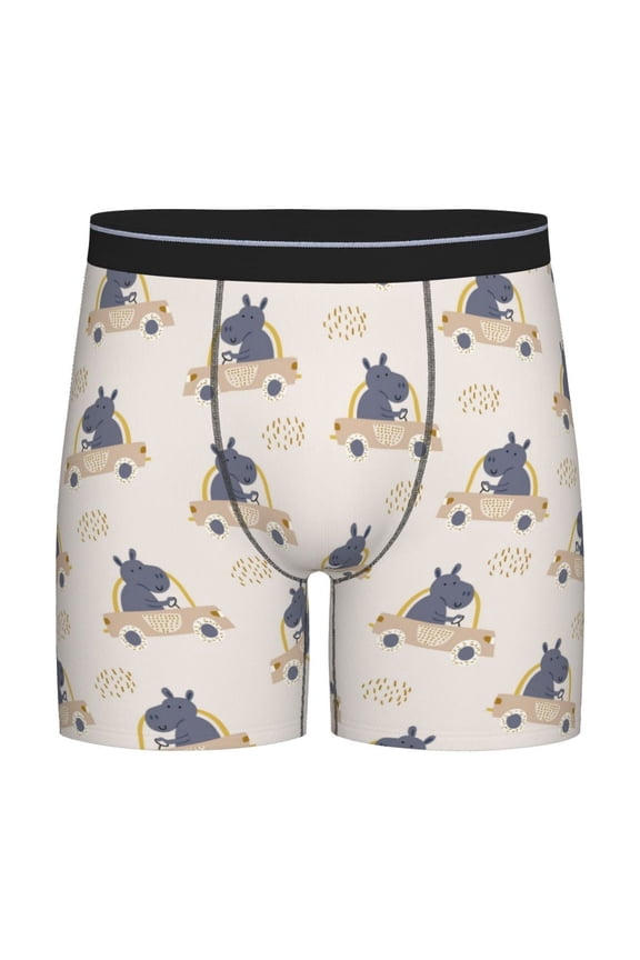 Hippos Driving A Car Pattern Men's Athletic Long Leg Briefs , Performance Stretch Underwear,Moisture-Wicking
