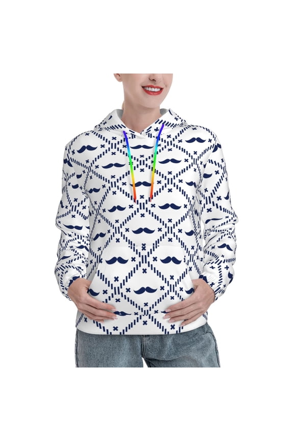 Hipster Mustache Pattern Casual Women's Hoodie, Hooded Sweatshirt with Kangaroo Pocket, Comfortable Pullover with Eye-catching Drawstrings-Small