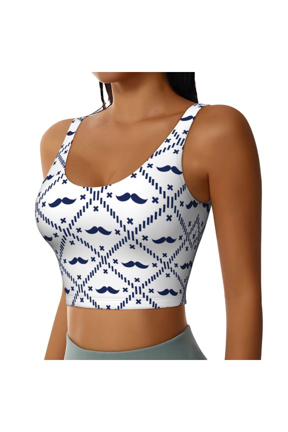 Hipster Mustache Sports Bra for Women,Padded Strappy Sports Bras Medium Support Yoga Bra with Removable Cups,Running Yoga Bra-Medium