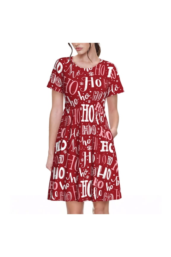 Ho Funny Christmas Pattern Women's Short Sleeve Summer Dress Pleated Loose Swing Knee Length Short Sleeve Swing Dresses