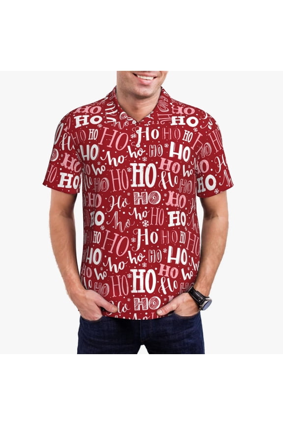 Ho Funny Christmas Print Men's Polo Shirt, Two-Button Closure Pique Polo Shirt, Summer Fashion Golf Shirt-Large