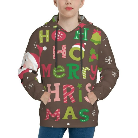 Picia Ho Ho Ho Merry Christmas Pattern Youth Hoodie - Warm Pullover Sweatshirt with Kangaroo Pocket, Ideal for Boys and Girls-Large
