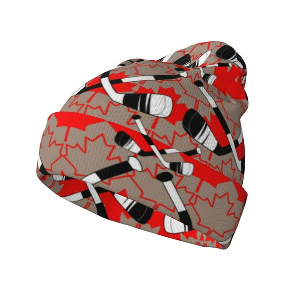 Picia Hockey With Maple Leaves Pattern Knitted Beanie Hat for Men and Women , Unisex Winter Warm Stretchy Knit Cap Thick Fisherman Beanies Cuffed Plain Skull Caps