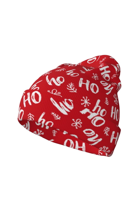 Hohoho Pattern Knitted Beanie Hat for Men and Women , Unisex Winter Warm Stretchy Knit Cap Thick Fisherman Beanies Cuffed Plain Skull Caps