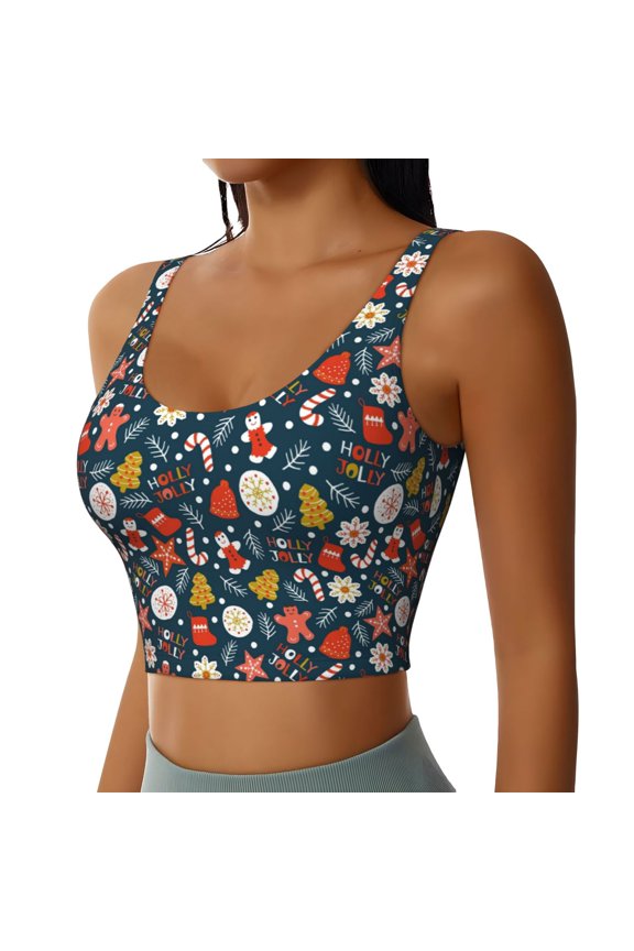 Holiday Christmas Cookies Sports Bra for Women,Padded Strappy Sports Bras Medium Support Yoga Bra with Removable Cups,Running Yoga Bra-Large