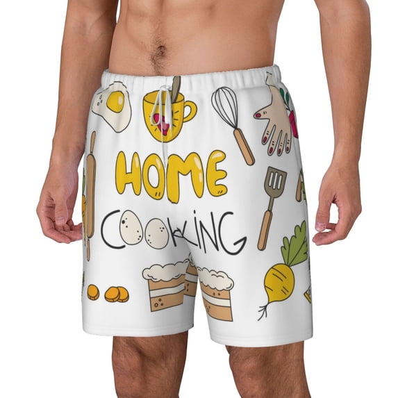 Picia Home Cooking pattern Mens Swim Trunks with Compression Liner Stretch Beach Shorts Quick Dry with Zipper Pockets No-Chafing Board Shorts-X-Large