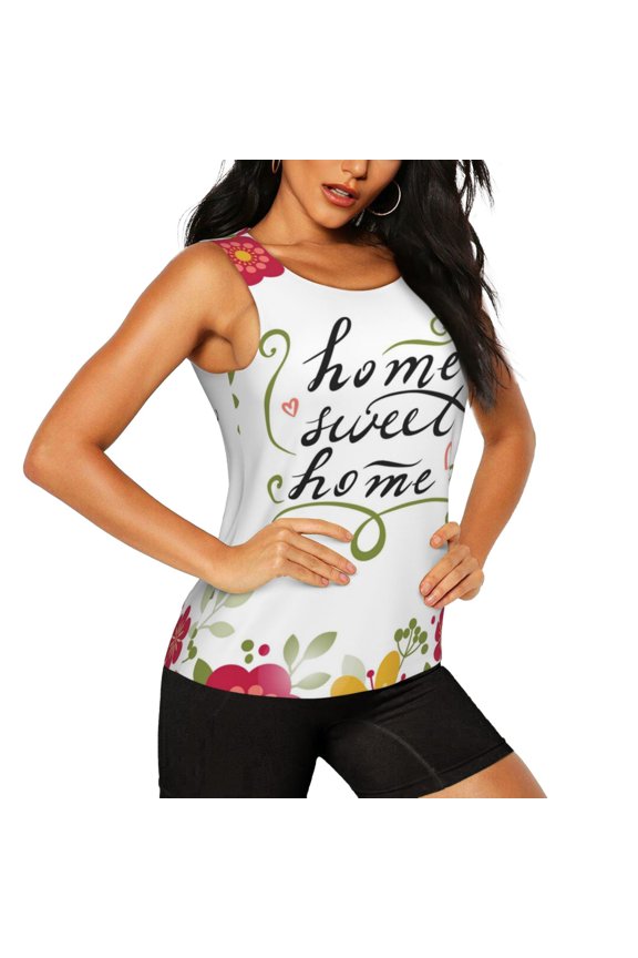 Home Sweet Home Floral Pattern Women's Workout Tank Top,Breathable Activewear,Slim Fit Athletic Top,Versatile Workout Moisture-wicking top-Large