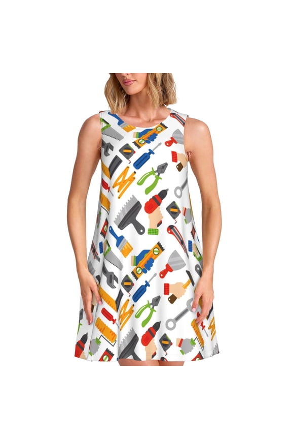 Home construction tools Print Women’s Sleeveless Midi Swing Dress – A-Line Pleated Tank Sundress, Comfortable and Flowy T-Shirt Dress