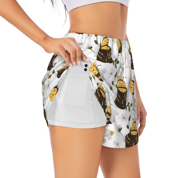 Picia Honey Bee Insect Pattern Women's 2 in 1 Athletic Running Shorts High Waisted Workout Casual Gym Sweat Shorts with Comfy Liner Zipper Pockets-Large