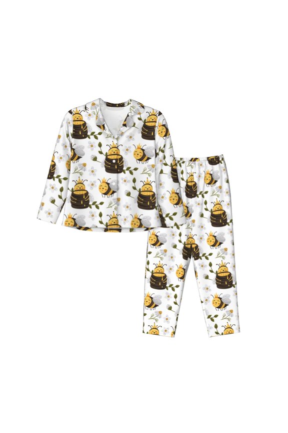 Honey Bee Insect Pattern Women’s Long-Sleeve Sleepwear Set - Soft 2-Piece Loungewear with Pockets, Comfy PJs for Relaxing Nights-Small