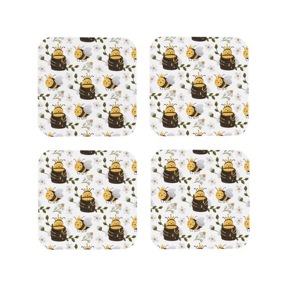 Picia Honey Bee Insect Printed Leather Coasters for Drinks, 4" Drink Coasters Set of 4 for Tabletop Protection, Handmade Luxurious Home Décor and Housewarming Gift -Square