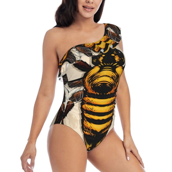 Picia Honey Bee Pattern Women's One Piece Swimsuits,One Shoulder Swimwear Asymmetric ,Ruffle Monokinis Bathing Suits,High Waisted Flattering Bathing Suits-XX-Large