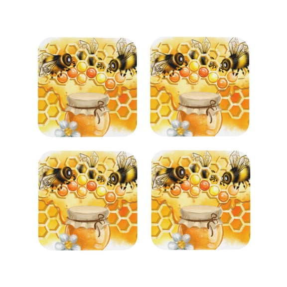Picia Honey Bee Printed Leather Coasters for Drinks, 4" Drink Coasters Set of 4 for Tabletop Protection, Handmade Luxurious Home Décor and Housewarming Gift -Square