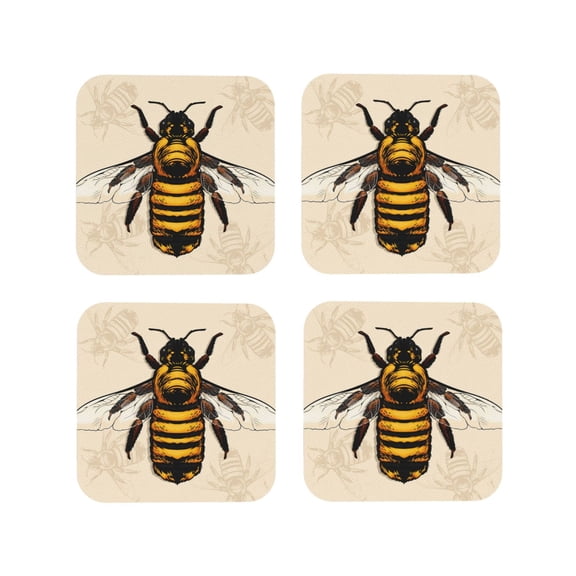 Picia Honey Bee Printed Leather Coasters for Drinks, 4" Drink Coasters Set of 4 for Tabletop Protection, Handmade Luxurious Home Décor and Housewarming Gift -Square