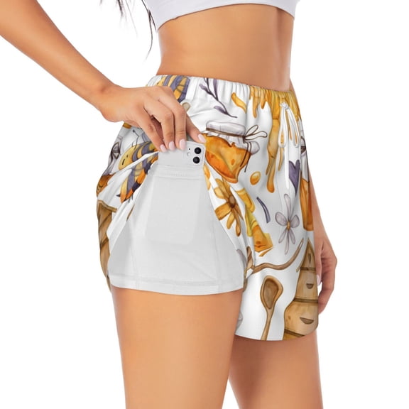 Picia Honey Bee Set Pattern Women's 2 in 1 Athletic Running Shorts High Waisted Workout Casual Gym Sweat Shorts with Comfy Liner Zipper Pockets-Medium