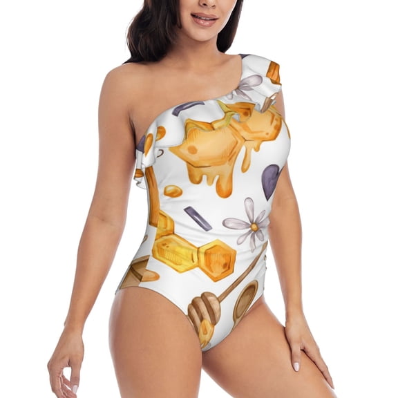 Picia Honey Bee Set Pattern Women's One Piece Swimsuits,One Shoulder Swimwear Asymmetric ,Ruffle Monokinis Bathing Suits,High Waisted Flattering Bathing Suits-X-Large