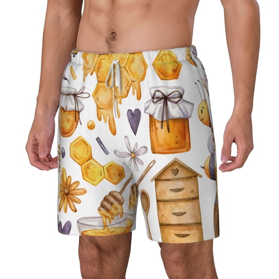 Picia Honey Bee Set pattern Mens Swim Trunks with Compression Liner Stretch Beach Shorts Quick Dry with Zipper Pockets No-Chafing Board Shorts-Small