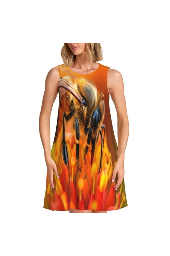 Honeybee On Vibrant Flower Print Women’s Sleeveless Midi Swing Dress – A-Line Pleated Tank Sundress, Comfortable and Flowy T-Shirt Dress