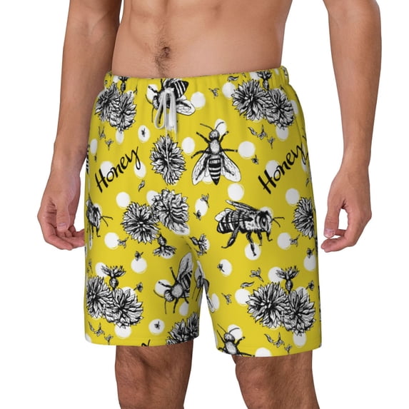 Picia Honeybee pattern Mens Swim Trunks with Compression Liner Stretch Beach Shorts Quick Dry with Zipper Pockets No-Chafing Board Shorts-Large