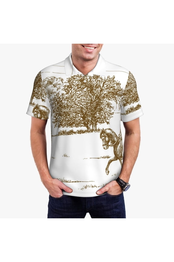 Horse Rider In Field Print Men's Polo Shirt, Two-Button Closure Pique Polo Shirt, Summer Fashion Golf Shirt-Large