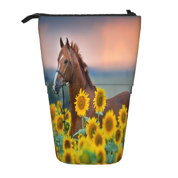 Picia Horse Sunflowers Print Telescopic Pencil Case, Telescopic Pen Holder Telescopic Pencil Pouch Bag Stationery Pencil Case Box Storage Organizer Makeup Bag
