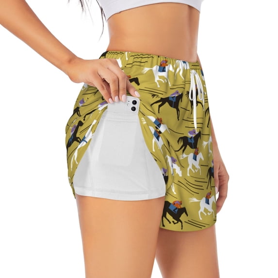 Picia Horsemen In Horseraces Pattern Women's 2 in 1 Athletic Running Shorts High Waisted Workout Casual Gym Sweat Shorts with Comfy Liner Zipper Pockets-Large