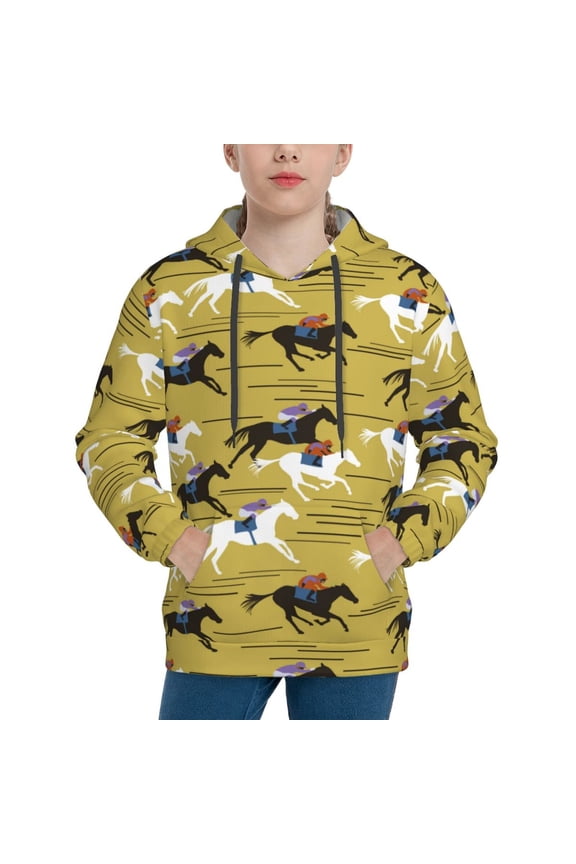 Horsemen In Horseraces Pattern Youth Hoodie - Warm Pullover Sweatshirt with Kangaroo Pocket, Ideal for Boys and Girls-Medium